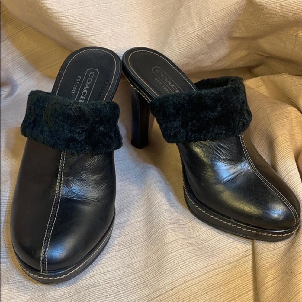 Coach leather furry heeled mules super comfortable